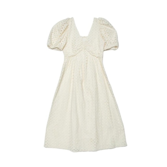 Oak Fort Eyelet Midi Dress Short Puff Sleeve Open Tie Back Gathered Front White - Picture 10 of 11